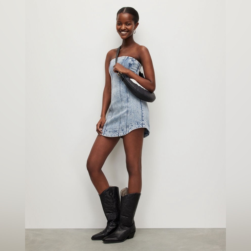 ALL SAINTS Denim Strapless Charli Corset Mini Dress in Mid Indigo Blue - Picture 6 of 11